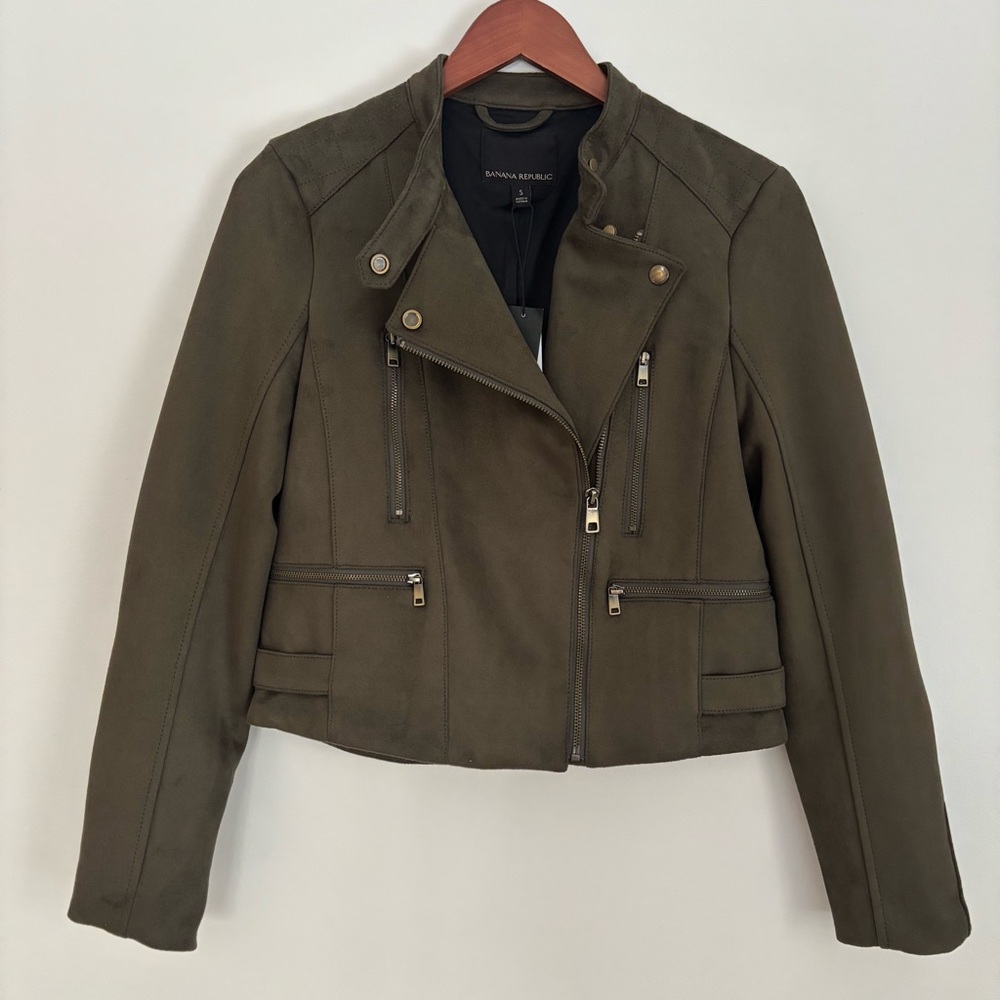 BANANA REPUBLIC | Green‎ Vegan Suede Modern Grunge Goth Moto Jacket | Size S